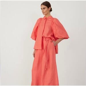 Joslin Hibiscus Orange Linen Ballon Sleeve Floral Button Down Top NWT Size 6